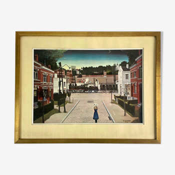 Paul delvaux, petite place de la gare, saint idesbald - framed - 1963 belgium