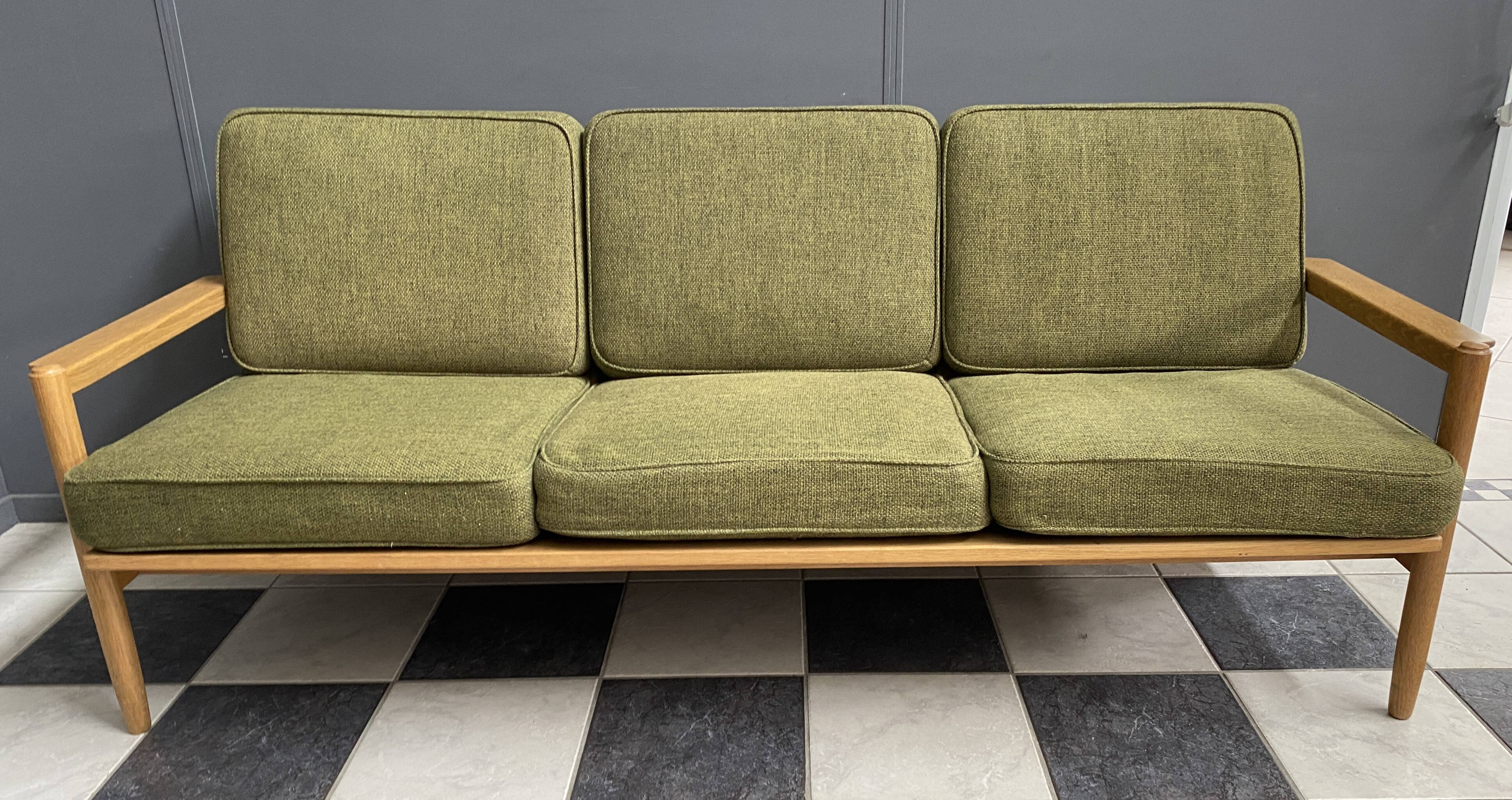 green fabric and wood 3 seat sofa 1960s