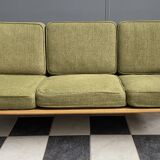 canapé 3 places en tissu vert et bois années 1960