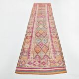 Tapis couloir kilim vintage, Tons pastel rose, bleu et beige, 94x409
