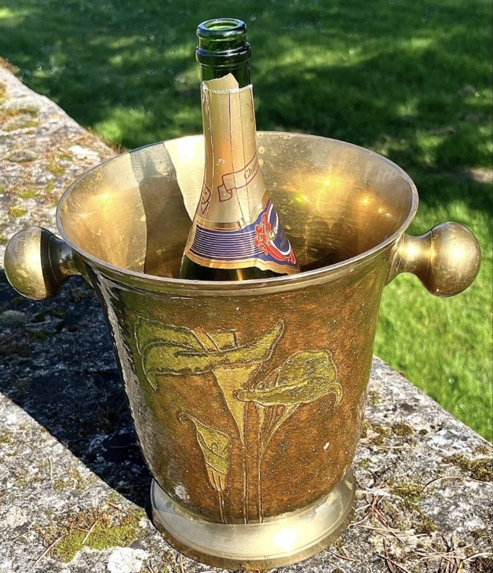 Brass Enamel Cloisonne cooler, French Floral Champagne Ice Bucket