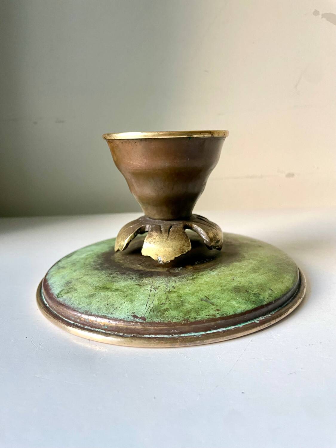 Scandinavian ART DECO candle holder in Bronze with verdigris patina