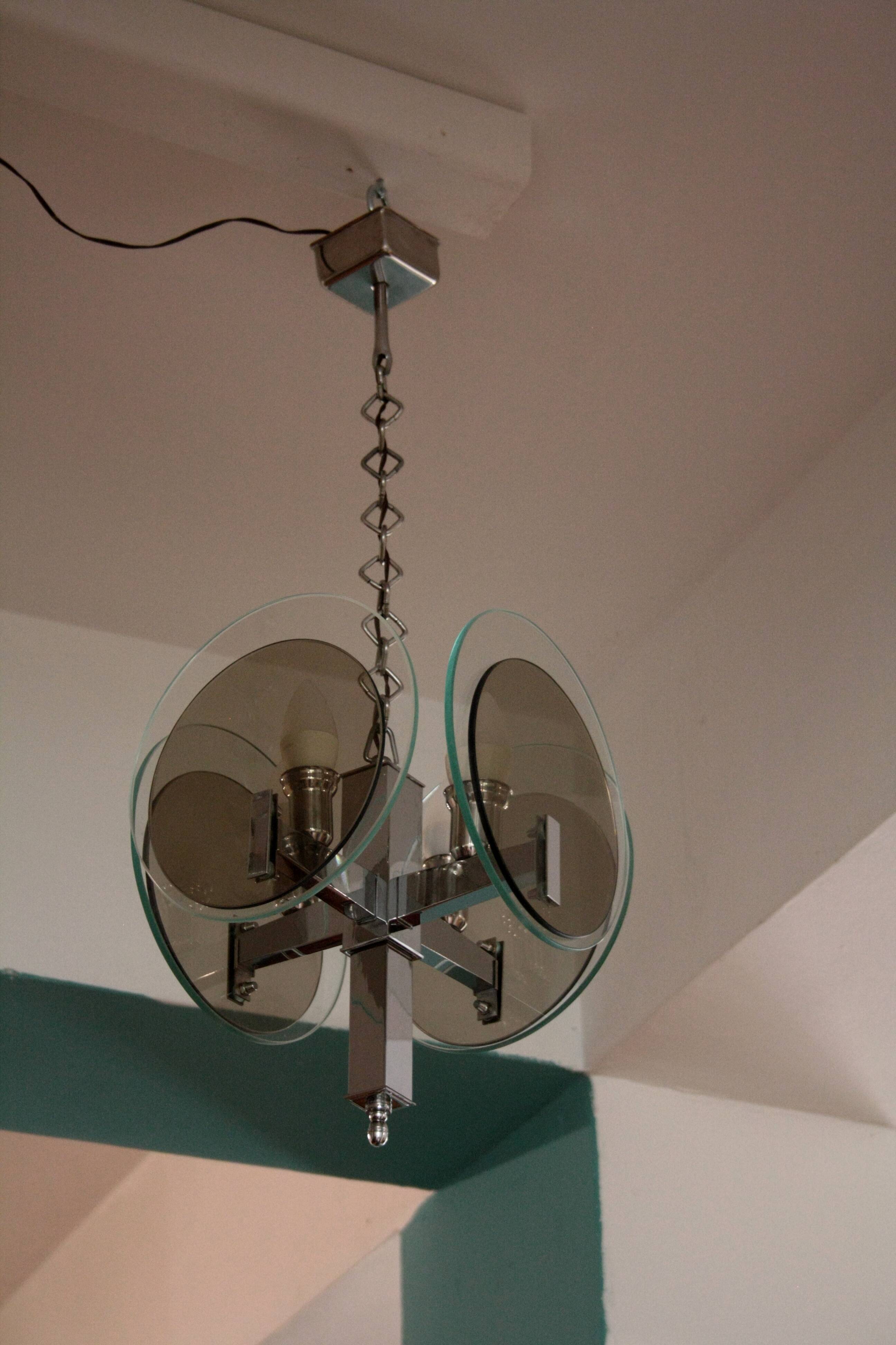 Vintage Art Deco chandelier in chrome metal and glass, Italy, 1970s