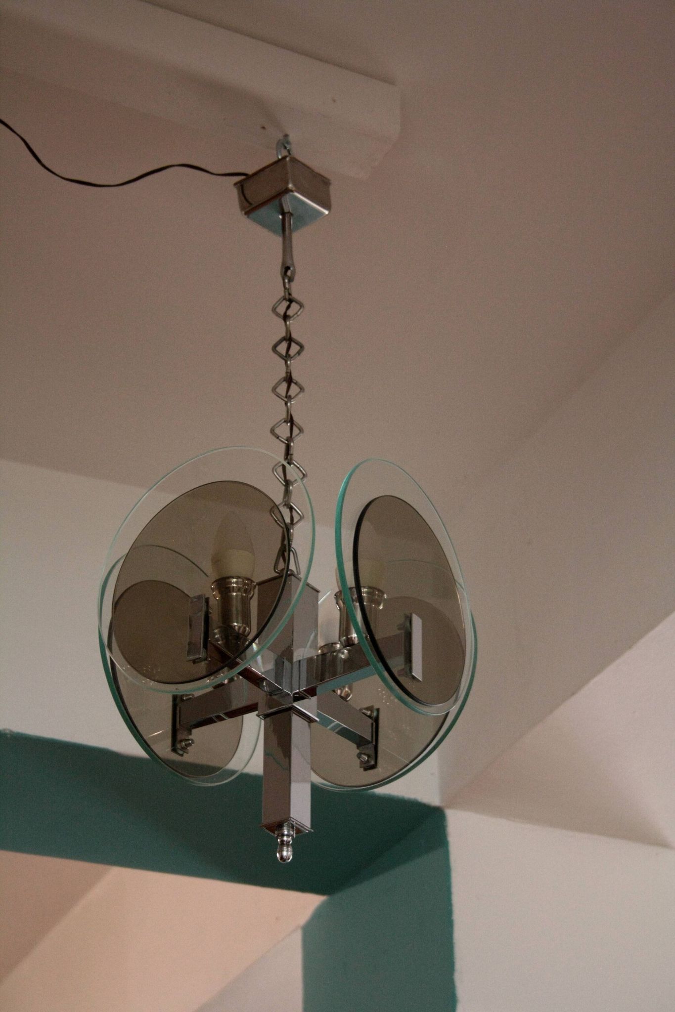Vintage Art Deco chandelier in chrome metal and glass, Italy, 1970s