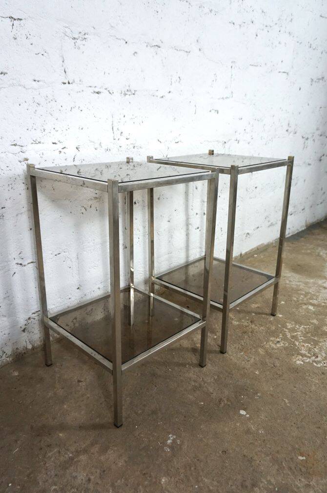 Pair of vintage side tables, chrome and smoked glass 1970