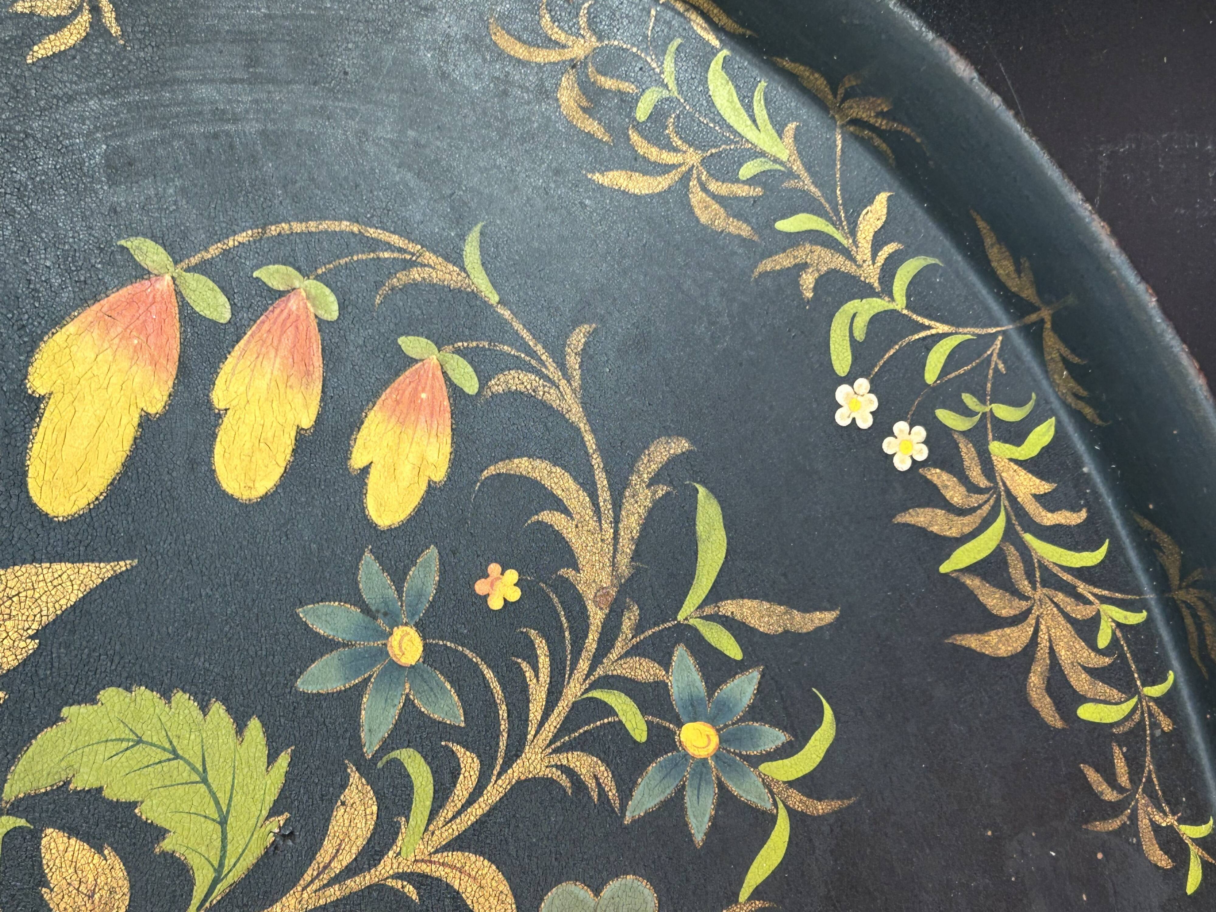 Oval tray, 19th century, hand-painted sheet metal, butterfly & bouquet, Napoleon III
