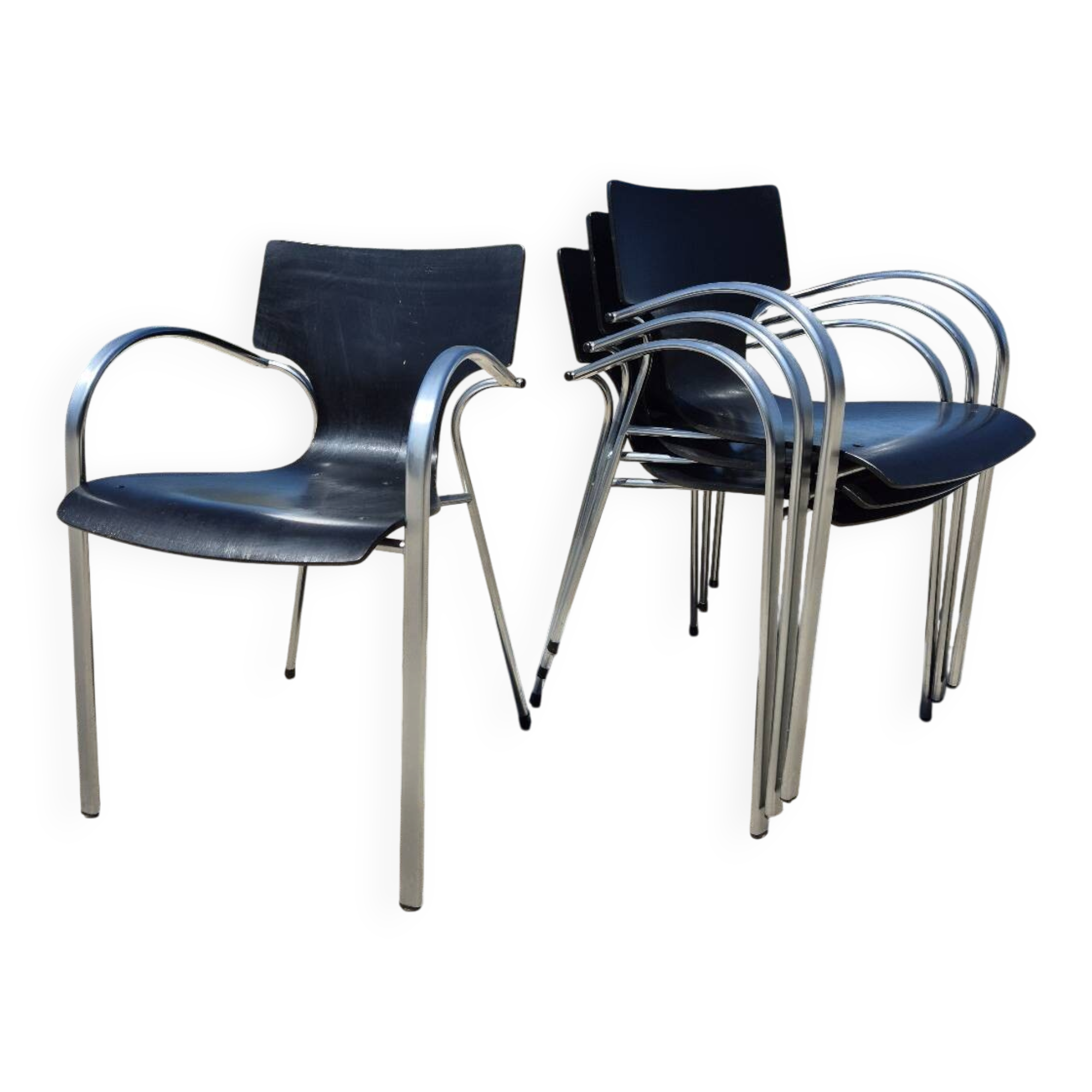 Set 4 postmodern black chrome stackable chair Jim for Kens 1990s