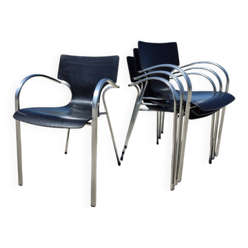 Ensemble de 6 chaises empilables en chrome noir postmodernes Jim pour Kens des années 1990.