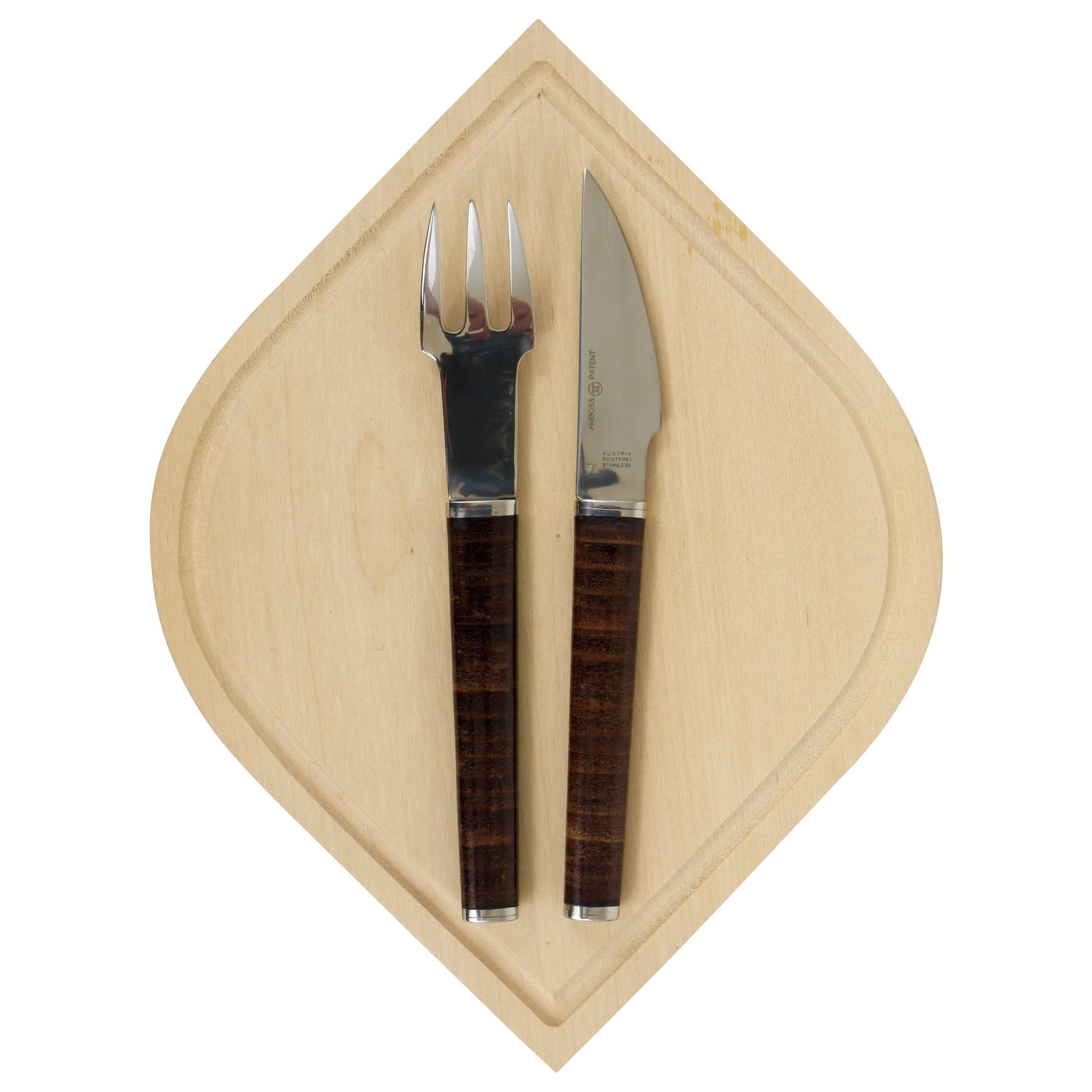 Snack set János Megyik, knife, fork and wooden board, Amboss Austria, 1970s