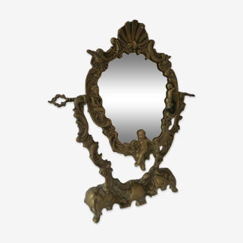 Miroir psyché ancien motifs angelots volutes coquille bronze jolie déco