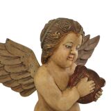 Vintage Solid Wood Angel Cherub Statue Hand Painted 49cm