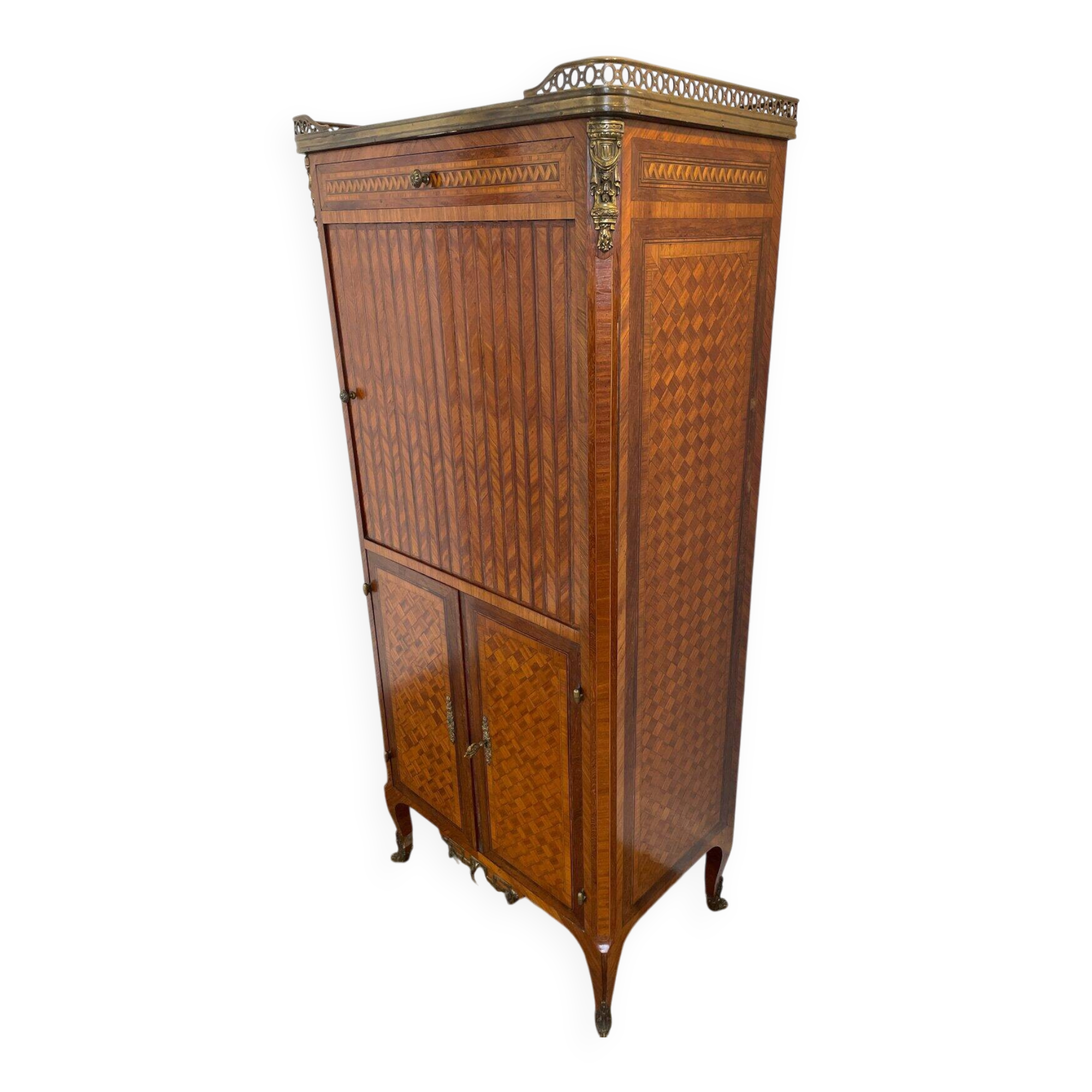 Louis XVI music cabinet, marquetry, brass gallery, marble top