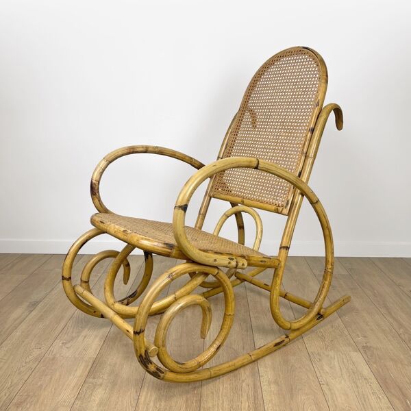 Rocking chair rotin et cannage 70's