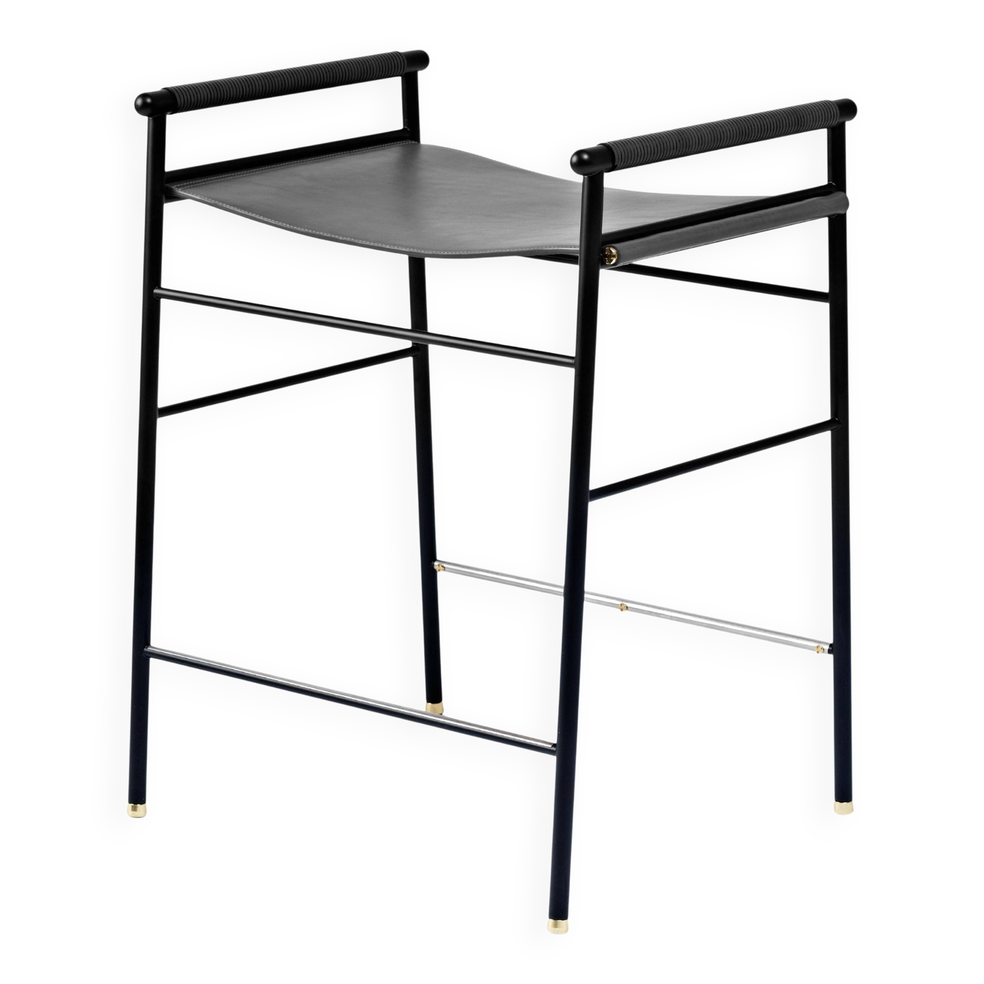 Contemporary Black Bar Stool Black Leather Rubber Metal