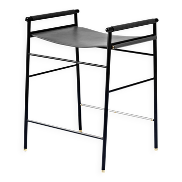 Tabouret de bar contemporain noir cuir noir caoutchouc métal
