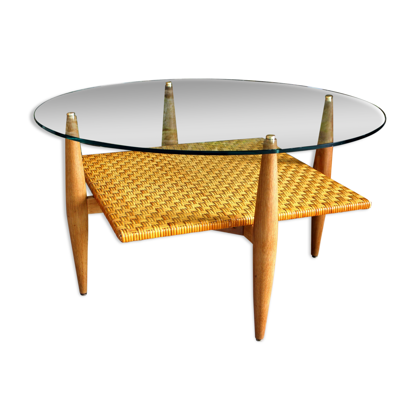 Vintage coffee table in woven wicker and rattan glass from the 60s/70s