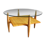Vintage coffee table in woven wicker and rattan glass from the 60s/70s