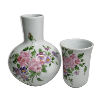 Hand-decorated porcelain pitcher and cup assembly