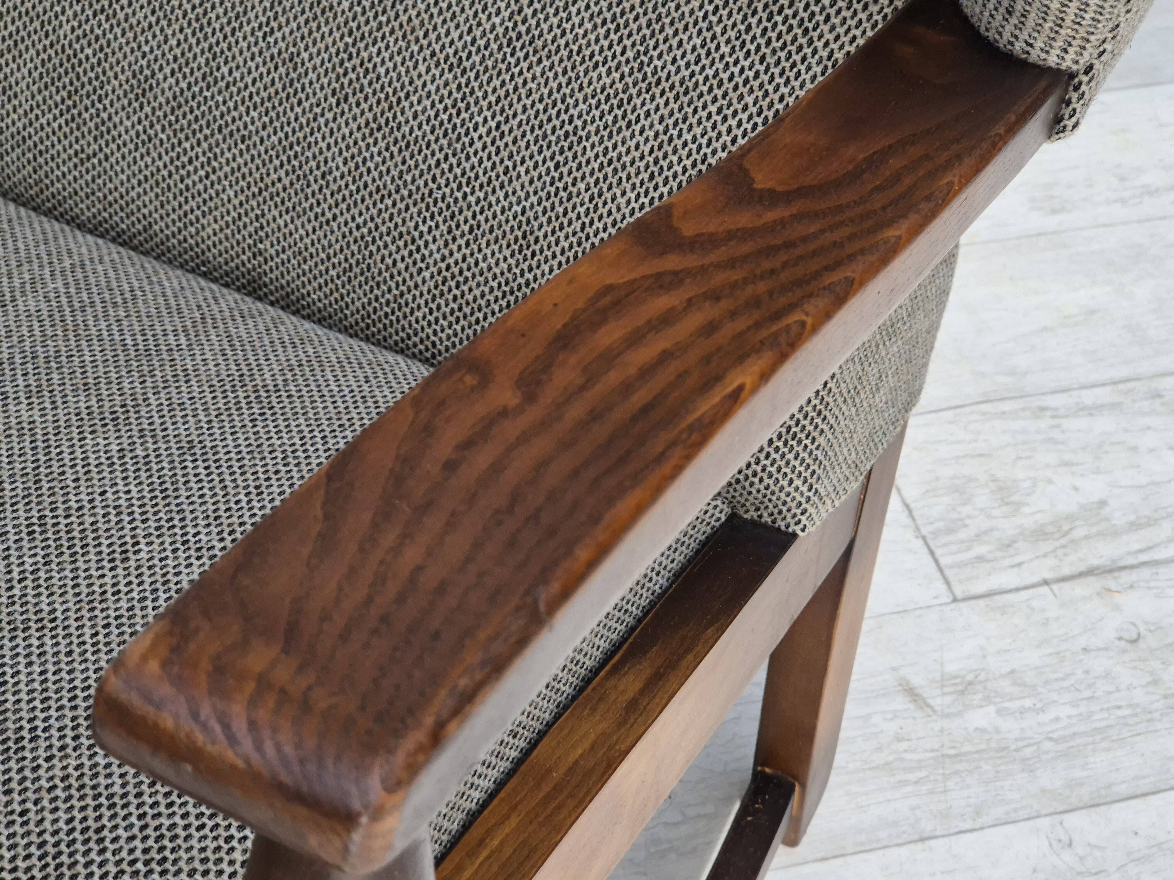 1960s, Scandinavian design, reupholstered high-back armchair, furniture wool, oak wood.