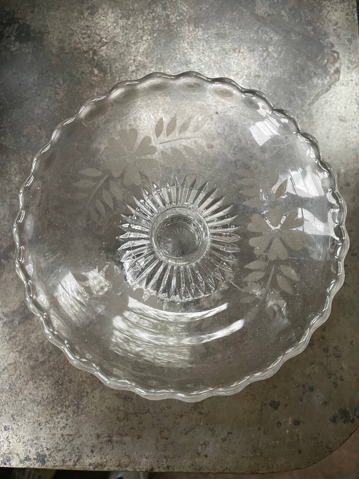 antique footed bowl in engraved glass - fruit bowl