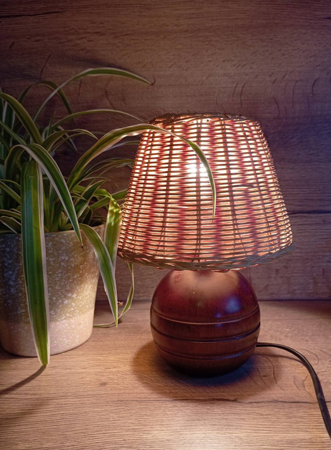 Vintage wooden and rattan table lamp