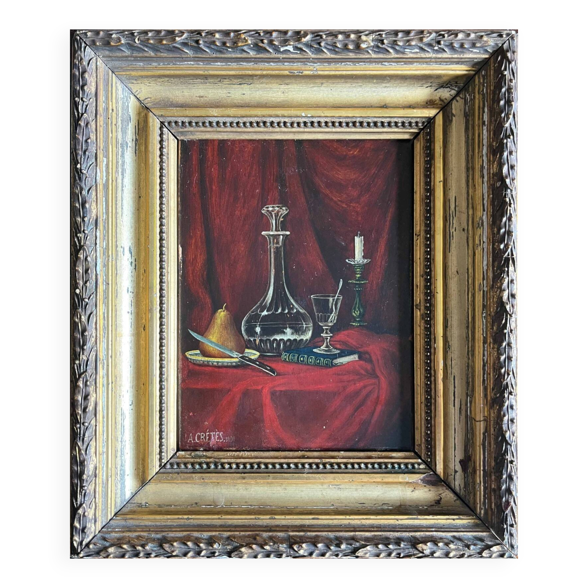Tableau HSP 1891 signed A. Crétès "Still Life with Pear" miniature + frame