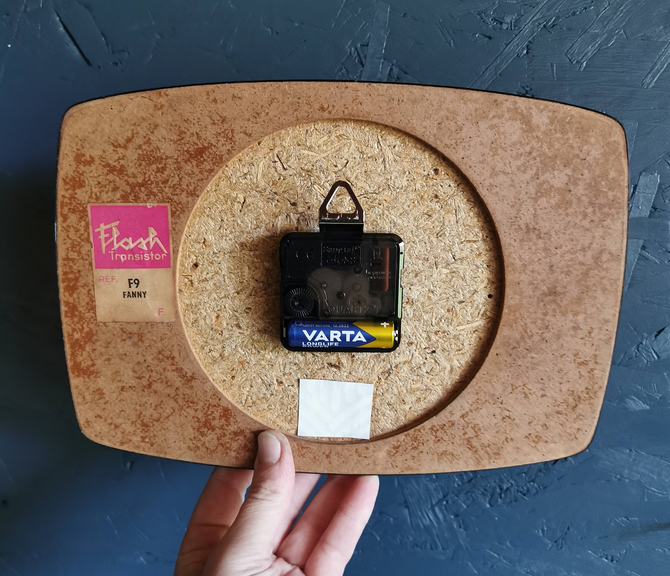 Vintage formica clock rectangular silent wall pendulum "Black transistor flash"