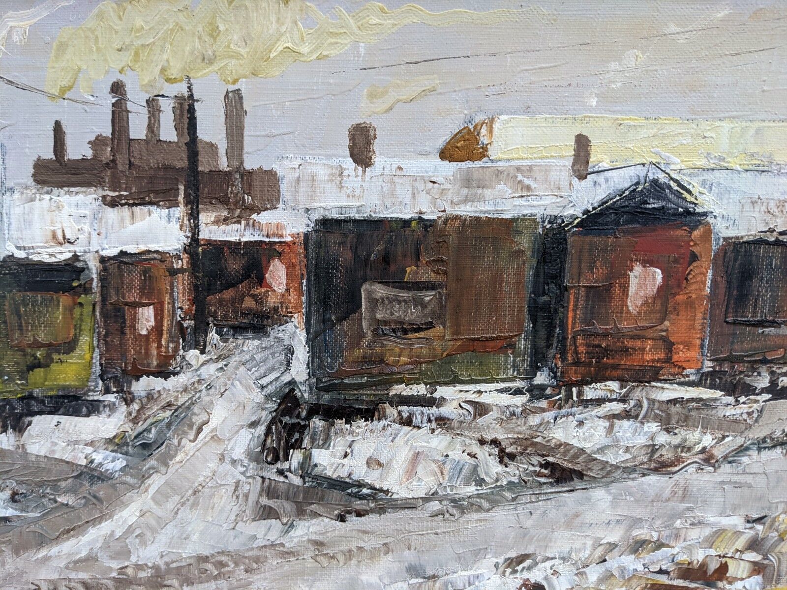 Mid-Century Modern Swedish "Chimneys" Vintage Winter Street Scene Oil Painting, Framed