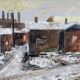 Mid-Century Modern Swedish "Chimneys" Vintage Winter Street Scene Oil Painting, Framed