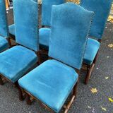 6 chaises Louis XIII bois massif os de mouton et velours bleu 19ème