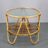 1960s Italian rattan coffee table with glass top, mid-century round design