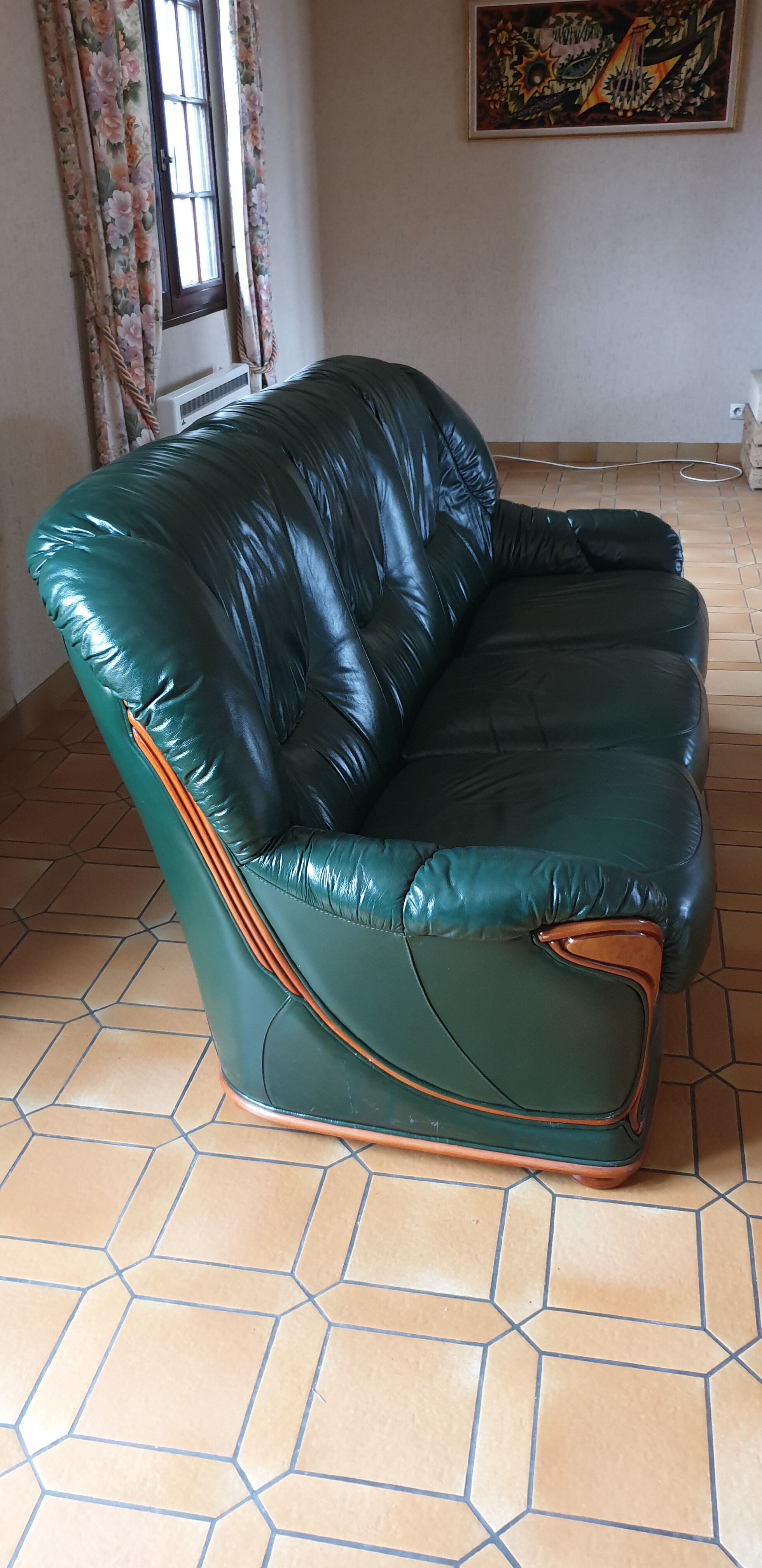 Sofa 3 seater green leather & wood