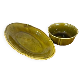 Gien earthenware bowl and ramekin set.