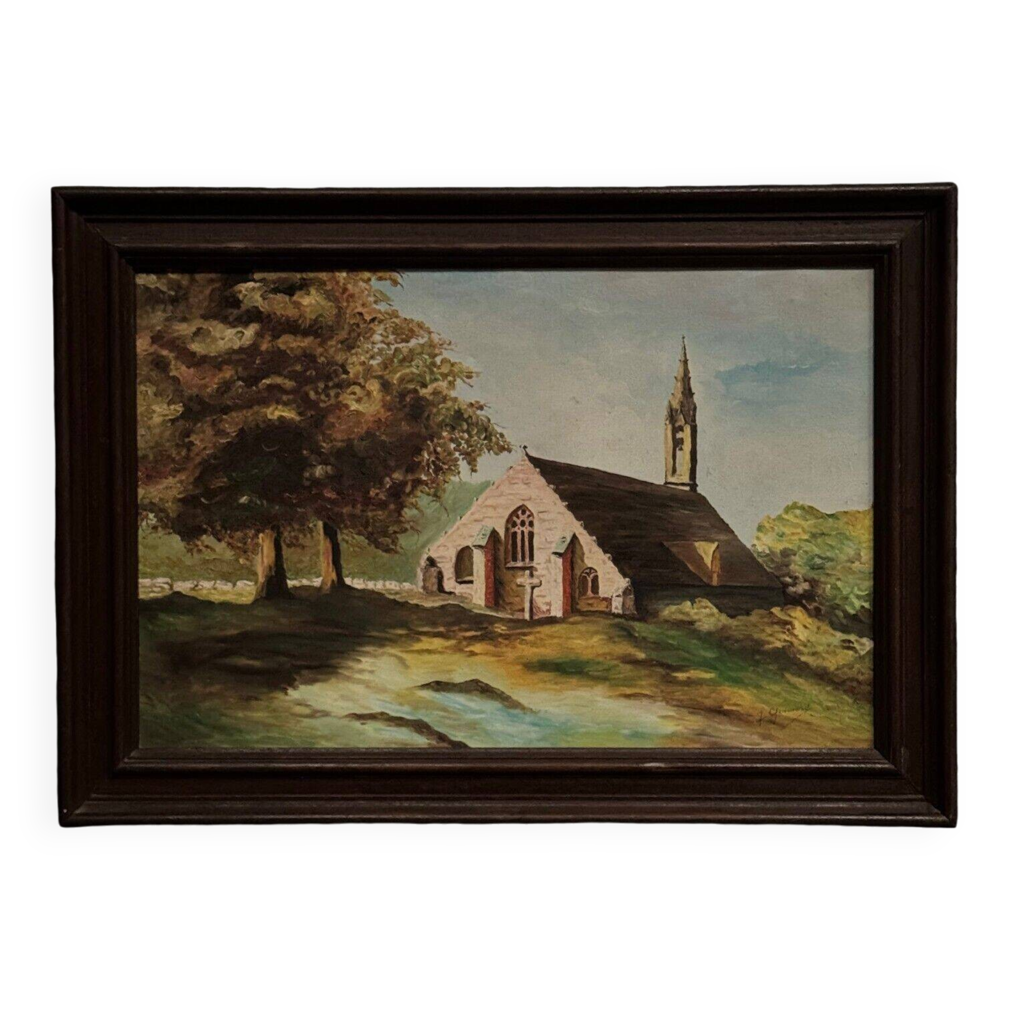 20th century oil on canvas depicting a Breton church by Guimard