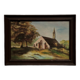 Huile sur toile XXe représentant une église bretonne par Guimard