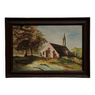 20th century oil on canvas depicting a Breton church by Guimard