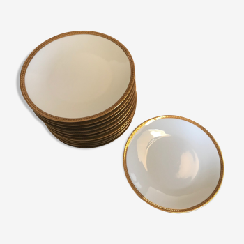 12 white porcelain dessert plates with a golden edge limoges