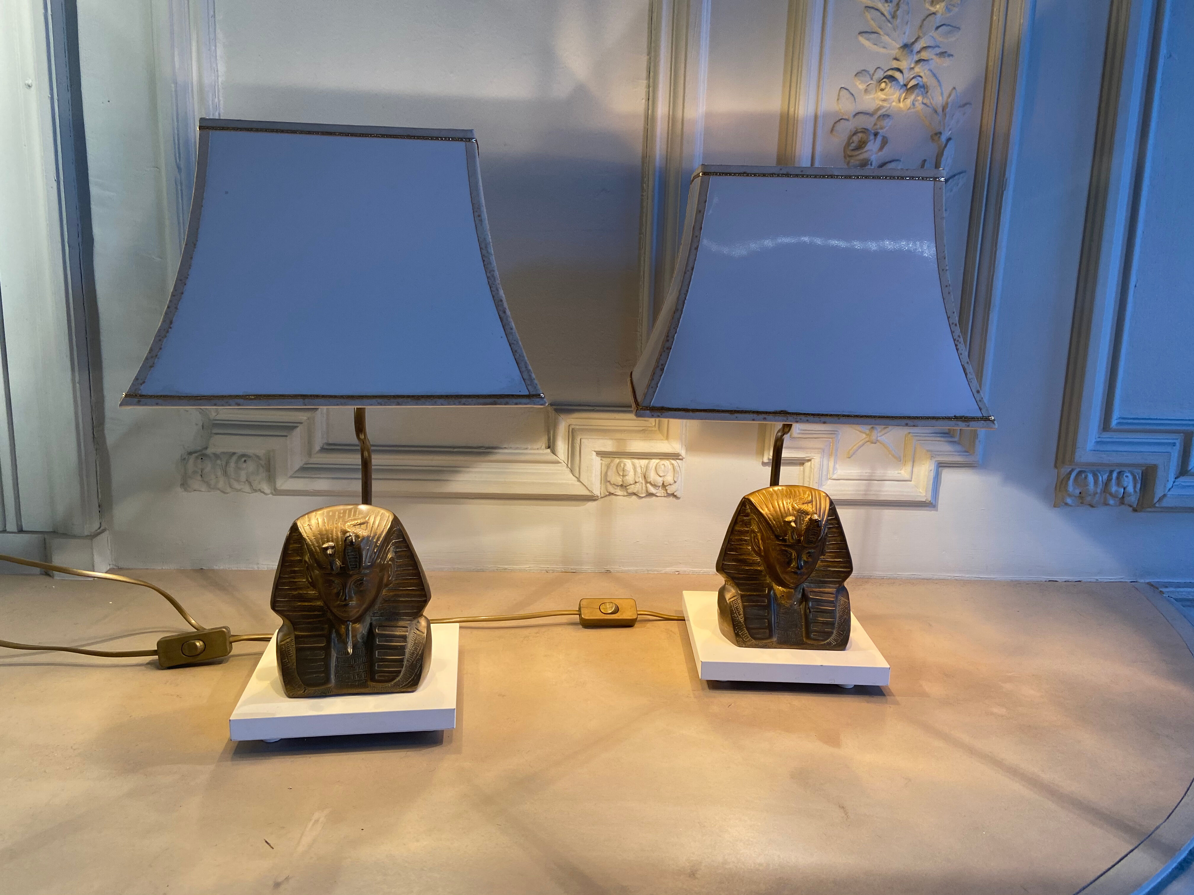 Pair of vintage gilded bronze lamps, pharaoh's face, 1970