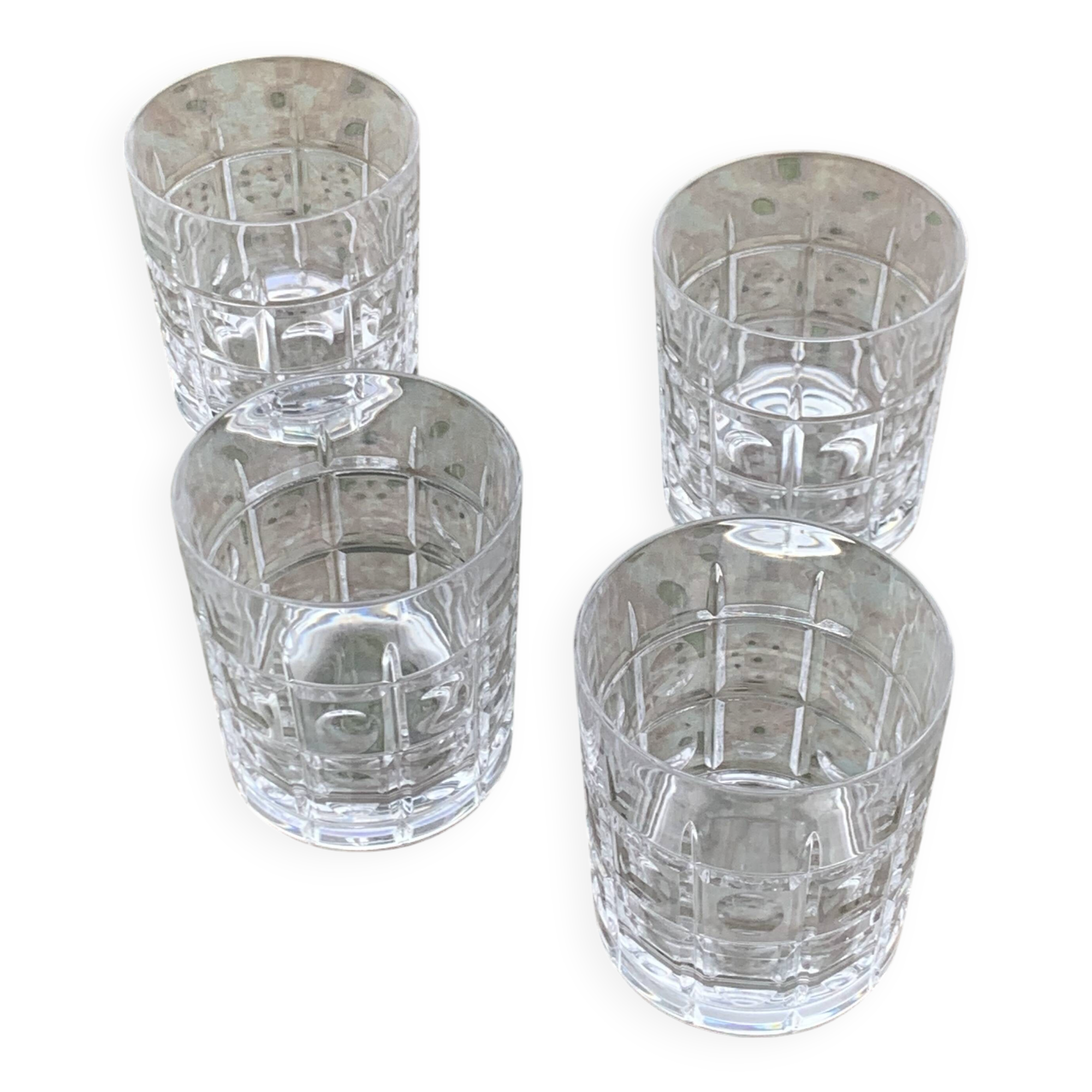 5 whisky glasses, Cristal Bayel stamps, transparent crystal with patterns