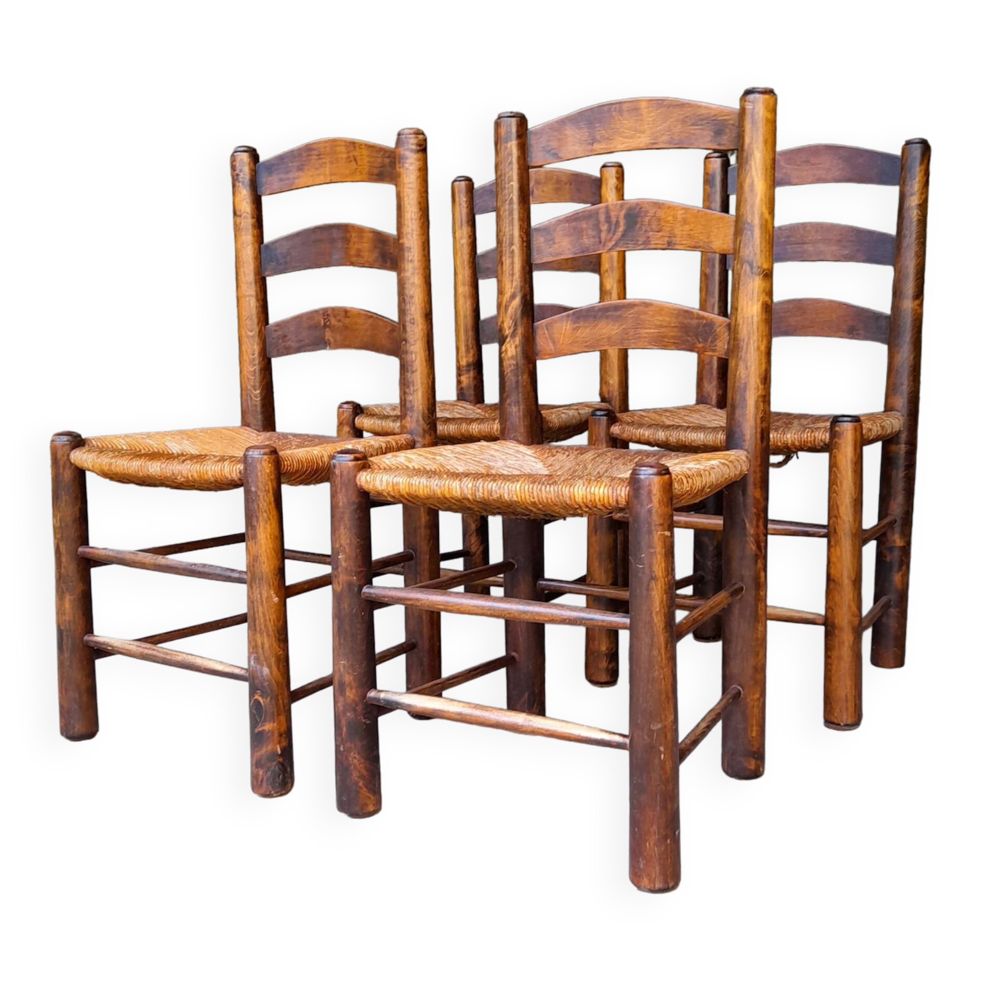 Set of 4 straw-covered brutalist chairs by George Robert