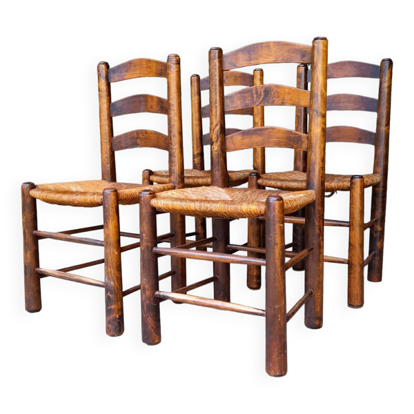 Suite de 4 chaises brutalistes paillées de George Robert