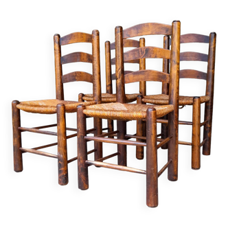 Set of 4 straw-covered brutalist chairs by George Robert