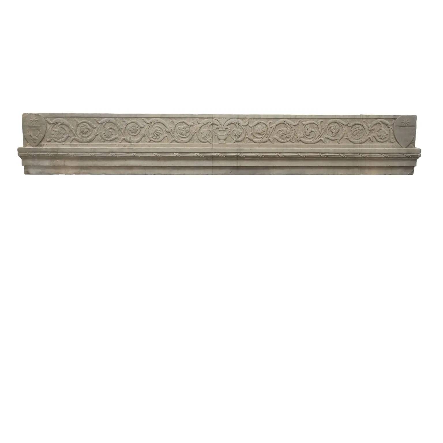 Ancient Renaissance fireplace lintel in pietra serena stone, 15th century.