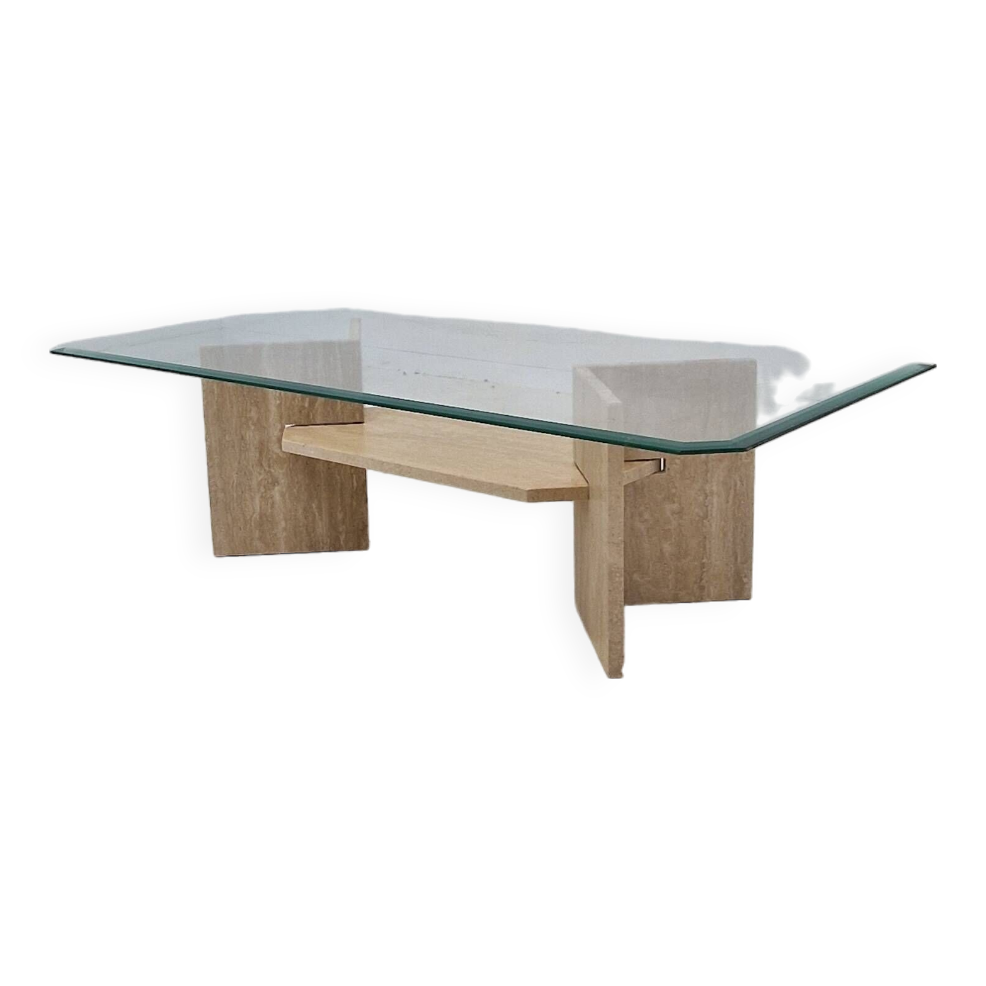 Italian Coffee Table in Travertine and Facet Cut Glass, 1980s
