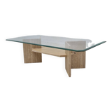 Italian Coffee Table in Travertine and Facet Cut Glass, 1980s