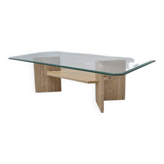 Italian Coffee Table in Travertine and Facet Cut Glass, 1980s
