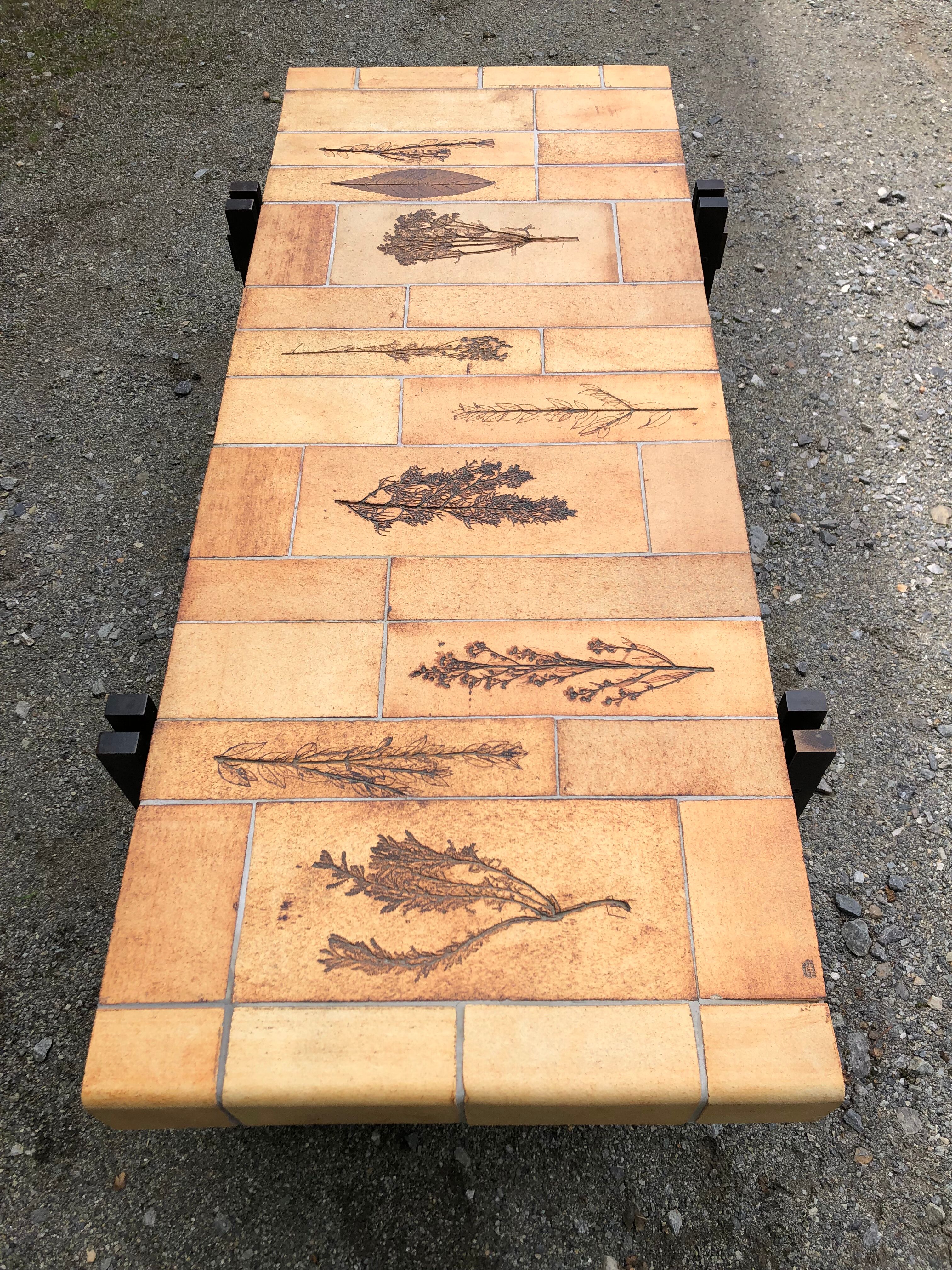 Vintage ceramic coffee table decorated with herbarium decoration Roger Capron