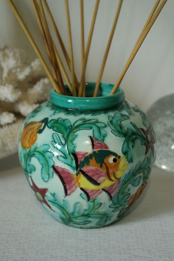 Vase boule décor faune et flore   par Cérart Monaco 1960