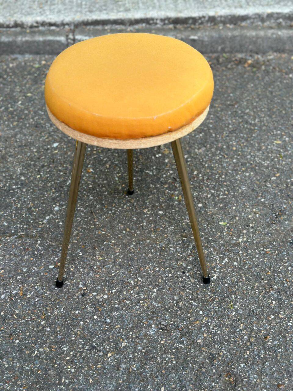 Scandinavian tripod stool in yellow leather and gold brass 1950