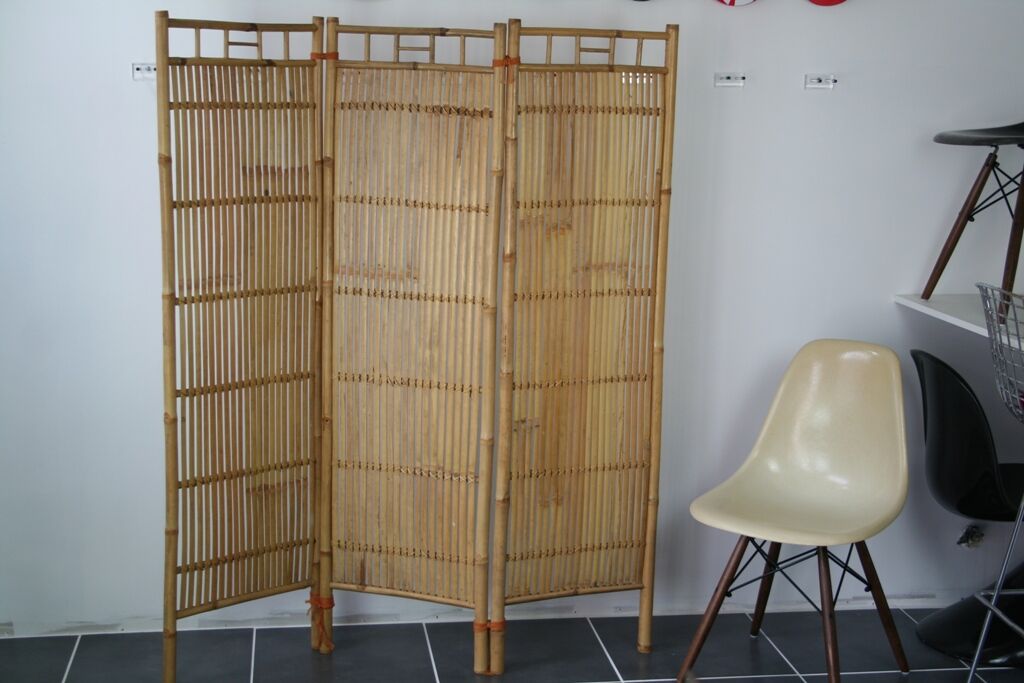 Screen 3 panels bamboo, rattan and wicker 1970 vintage